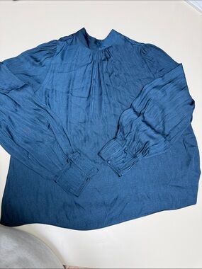 Womens High-Neck Long-Sleeve Blouse in Teal Blue